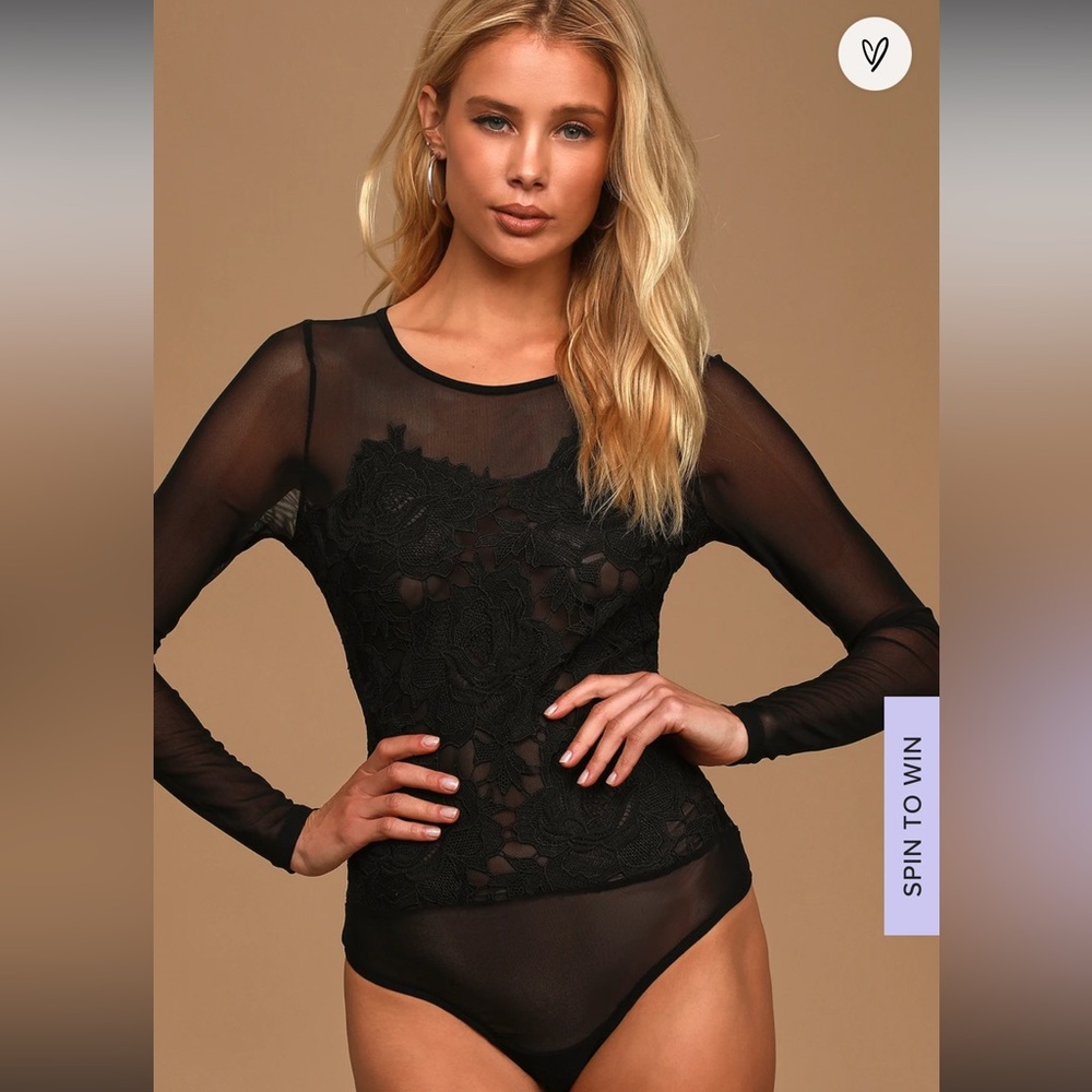 Lulus- No meshing around black lace long sleeve mesh bodysuit - Picture 1 of 3